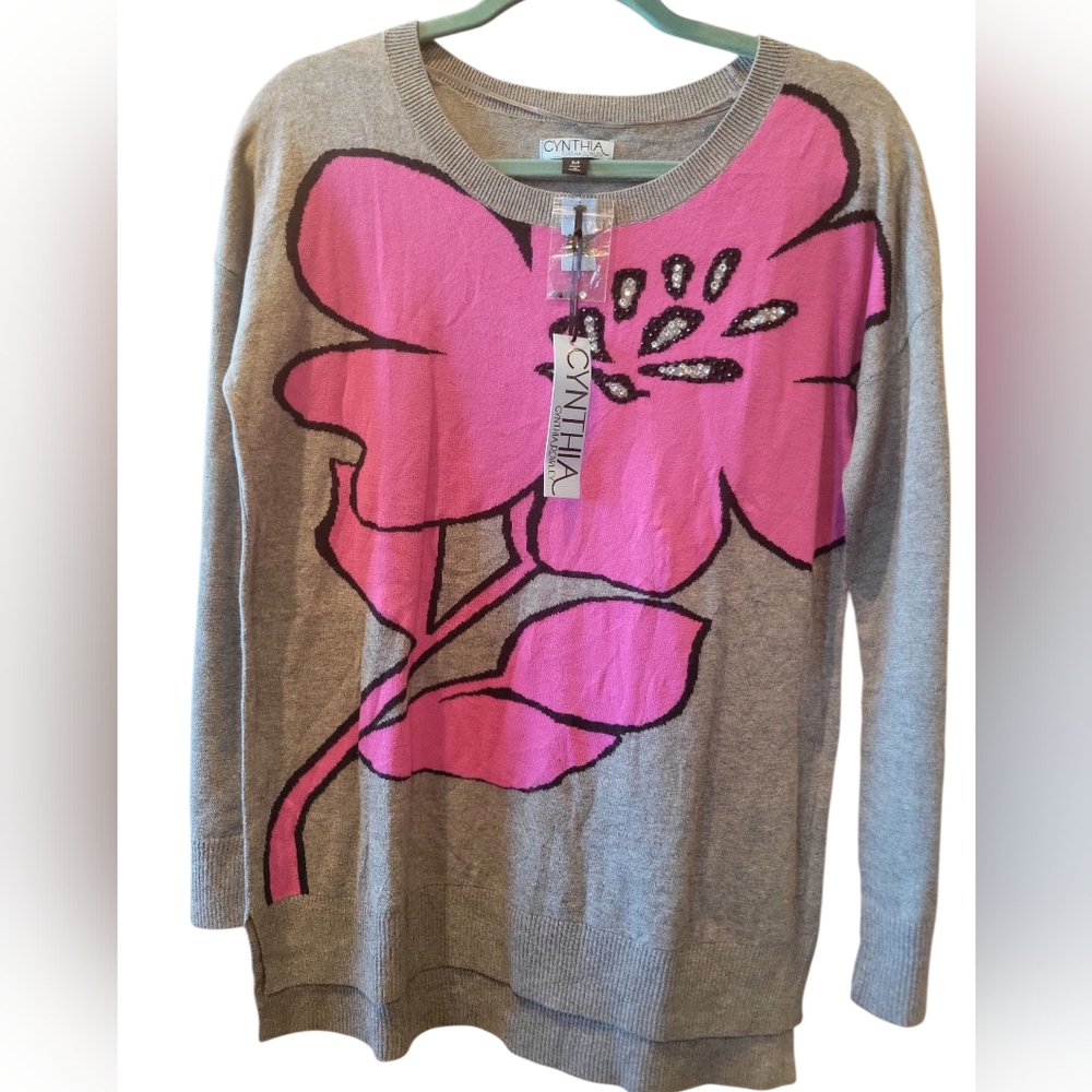 Gray and Pink Floral Sweater